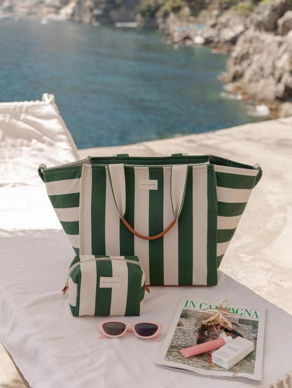 BNWT | Seaside Coastal Collection | Striped Green & White Canvas Tote Bag🐠
